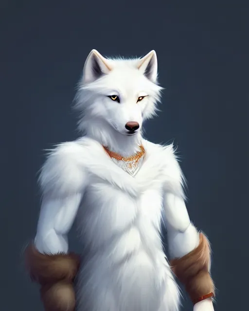Prompt: character concept art of a cute young male anthropomorphic furry white wolf | | cute - fine - face, pretty face, key visual, realistic shaded perfect face, fine details by stanley artgerm lau, wlop, rossdraws, james jean, andrei riabovitchev, marc simonetti, and sakimichan, trending on artstation