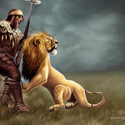 Image similar to gladiator attacking a lion, digital art