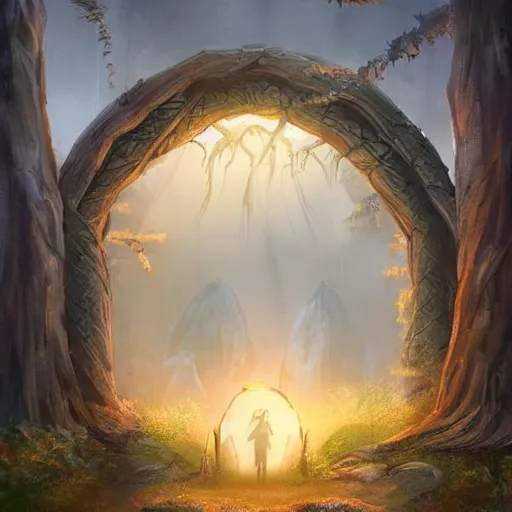 Image similar to A magical portal standing in the middle of a forest leading into another world. Gloomy, forest at night. Stone archway portal, centralized. The portal leads into a sunny world. Highly detailed, trending on artstation.