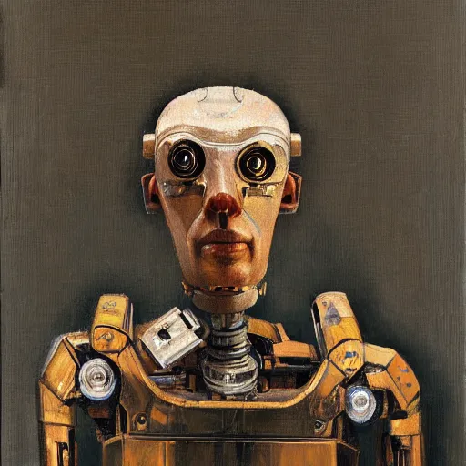 Image similar to portrait of a robot by lucian freud in the style of greg rutkowski