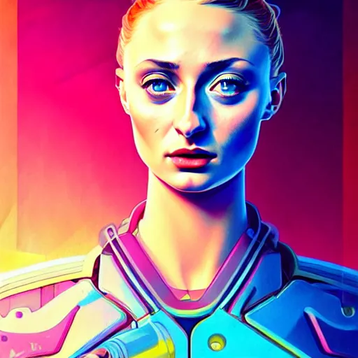 Image similar to high quality high detail portrait of a sophie turner as diesel punk character in an futuristic world, tristan eaton, victo ngai, artgerm, rhads, ross draws, hyperrealism, intricate detailed, alphonse mucha, pastel colors, vintage, artstation,