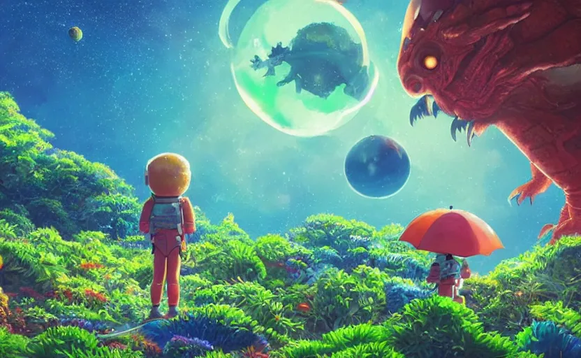 Image similar to a still of a cute adorable tiny astronaut, on a planet of lush colorful foliage, with an enormous kaiju dragon surrounding the full background, magical forest, sharp focus, neon backlit, highly detailed, disney pixar studio ghibli makoto shinkai, digital painting, matte, octane render, cinematic bloom, global illumination, iridescent, anime, 8 k concept art