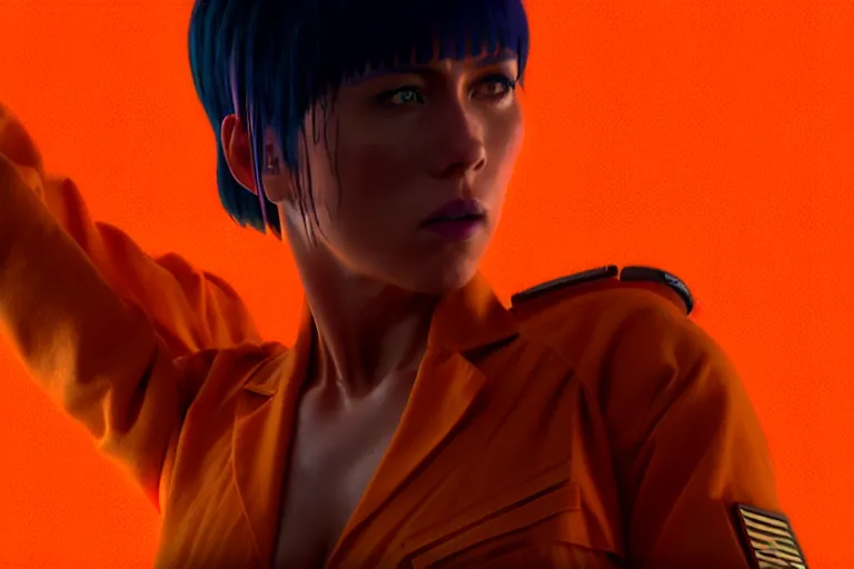 Image similar to major motoko wearing an orange prison jumpsuit, large hologram of a screaming face dominates the background, photography by fred palacio medium full shot still from bladerunner 2 0 4 9, sci fi, bladerunner, canon eos r 3, f / 3, iso 2 0 0, 1 / 1 6 0 s, 8 k, raw, unedited