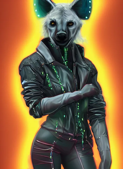 Image similar to digital painting of anthromorphic hyena female, fursona, furry fandom, neon rainy cyberpunk setting, anthro, wearing cyberpunk leather jacket, detailed face,