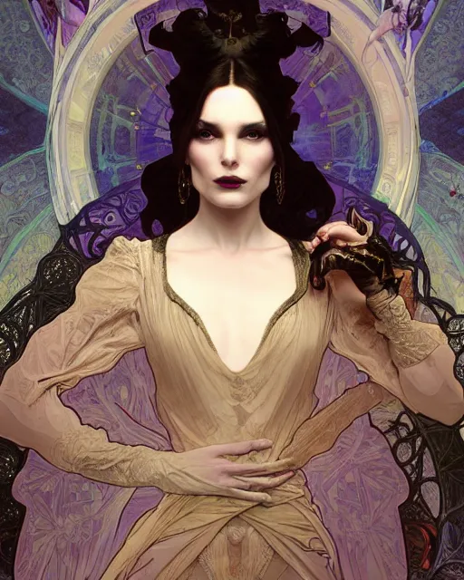 Image similar to wlop and alfons mucha detailed portrait digital rococo painting of a beautiful serious villainess wearing fantasy clothing like liliana vess, villainess has black angel wings, evil mood, hellish battlefield in the background, unreal engine, embers flying, hyper realism, realistic shading, cinematic composition, blender render, octane render, ultrawide shot