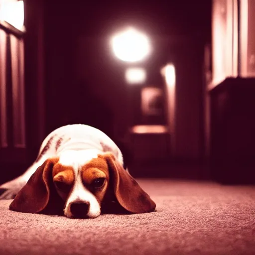 Prompt: beagle in a dark room, movie still, photography, DSLR 35mm, low light photography, sadness