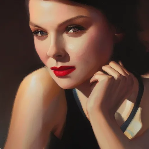 Image similar to closeup portrait of a young vivian leigh, seductive smile, chiaroscuro, city background, golden hour, dramatic lighting, complementary contrast, high detail, painted by greg rutkowski, painted by igor kieryluk, trending on artstation