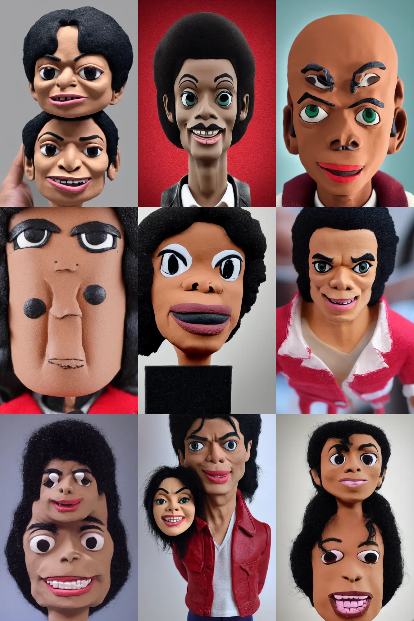 Prompt: michael jackson!!!big face close up kids clay head of michael jackson as claymation animation character, beautiful dollhouse, 4k clay character illustration by guldies