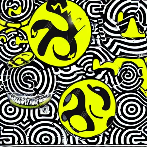 Prompt: acid house music rave graphics psychedelic illustration smiley ecstasy dnb jungle pill graffiti detailed, only black and white and yellow, stripes - c 5