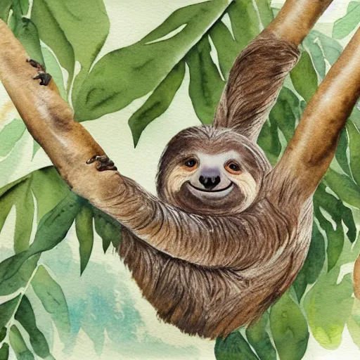 Prompt: A realistic watercolour painting of a sloth in a tree, fine detail, washed out background