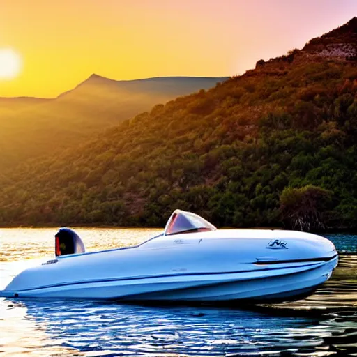 Image similar to a beautiful jet boat on the lake, Greece, in the style of Miami vice, reflective, clear water, cliffs, beach, sunset