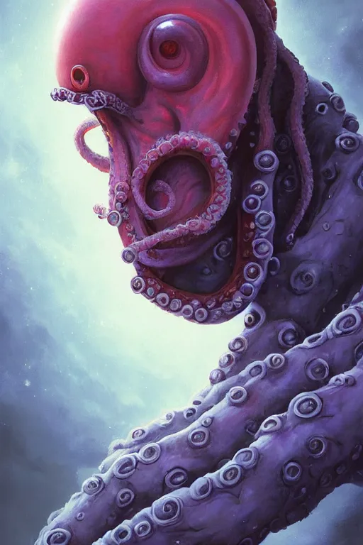 Image similar to portrait of an elegant alien octopus man king, straight on portrait, by artgerm, tom bagshaw, gerald brom, vaporwave colors, lo - fi colors, vaporwave, lo - fi, moody vibe, goth vibe, 4 k, hd,