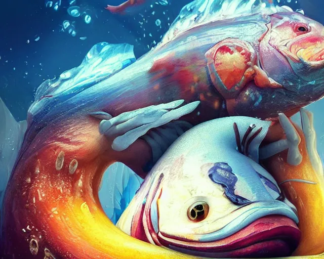 Image similar to of a very beautiful scene. ambient occlusion render. a sweet fat old woman is giving birth to a huge colorful fish. hyper realistic. 4 k. wide angle. sadness symmetrical face, red mouth, blue eyes. deep focus, lovely scene. ambient occlusion render. concept art. unreal engine.