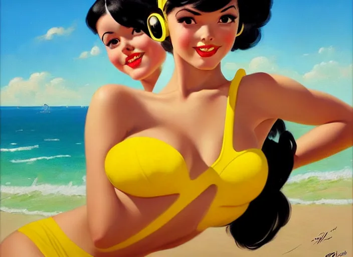 Image similar to the style of the artist gil elvgren, a girl with black hair, overwatch tracer, with a very beautiful symmetrical face, a smile on her face, tanned skin, in a yellow bikini, against the background of a sea beach, in art style, high detail, digital painting, hyperrealism