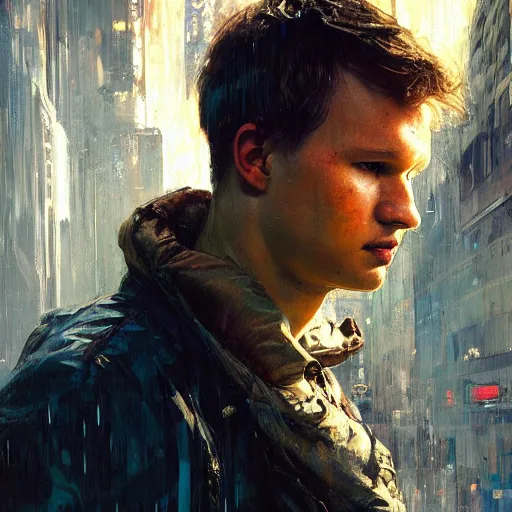 Image similar to ansel elgort, hyperrealistic portrait, bladerunner street, art of elysium by jeremy mann and alphonse mucha, fantasy art, photo realistic, dynamic lighting, artstation, poster, volumetric lighting, very detailed face, 4 k, award winning