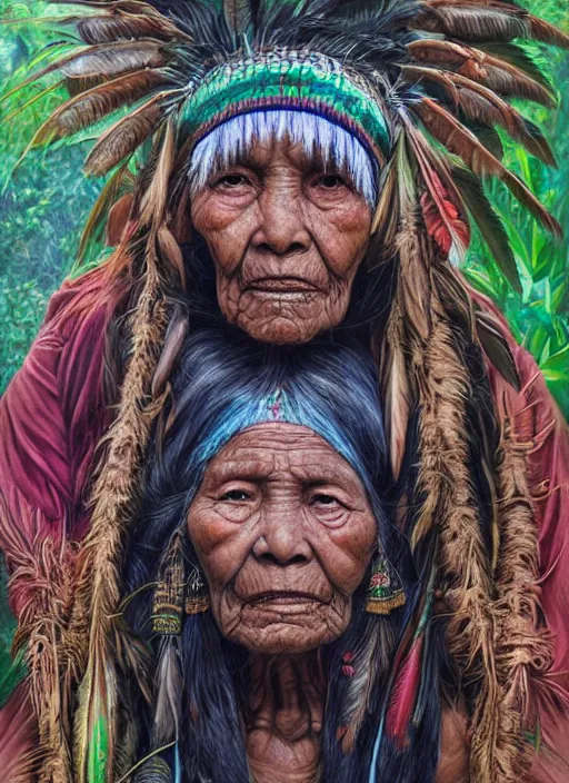 Prompt: a beautiful painting portrait of a very old indigenous grand-mother in the amazon jungle, matte painting, fantasy art, ayahuasca, highly detailed