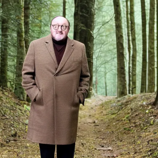 Image similar to Alex Norton wearing a brown overcoat and brown suit standing in a forest.