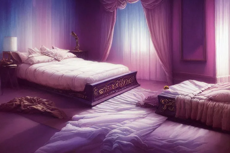 Image similar to vaporwave ombre detailed luxury bed in the bedroom. highly detailed, digital painting, artstation, concept art, smooth, sharp focus, illustration, ed hopper, chris moore. artgerm, tomasz alen kopera, peter mohrbacher, donato giancola, joseph christian leyendecker, wlop, boris vallejo