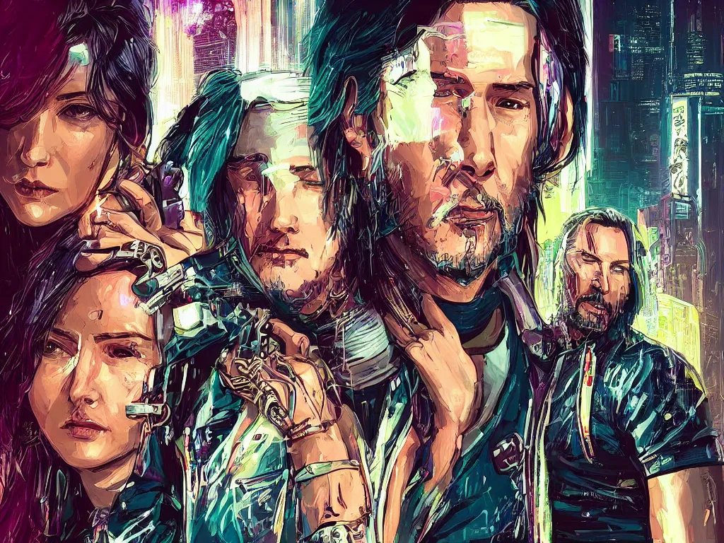 Prompt: a cyberpunk 2077 couple portrait of Keanu Reeves as Johnny Silver hand and female V in daily life ,love story, pray, hug, hold, kiss, film lighting, by Laurie Greasley, William Morris, Dan Mumford, John Wick, Speed, Replicas, Destination Wedding, The Lake House, artstation, full of color, Digital painting, face enhance, highly detailed,8K, octane, golden ratio, cinematic lighting