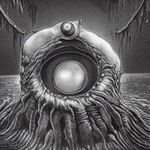 Image similar to a gigantic lovecraftian cyclope emerging from under the ocean, gazing to the sky, old 3 5 mm ilford black and white, photorealistic, anamorphic lens, highly detailed, high definition, hyperrealistic