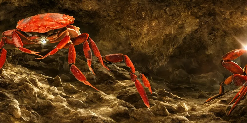 Image similar to crabs feeding on carrion inside of a dark cave, speleothems, geologic stratum, torch light, rituals, organs, extremely detailed, photorealistic, 4 k, 8 k