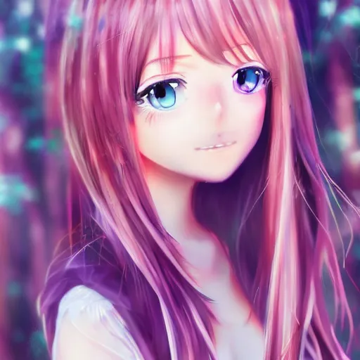 Prompt: 3d portrait of an adorable anime girl with long hair, looking partly to the left, blue shining eyes, light makeup, light pink lipstick, purple eyeliner, bokeh effect with forest background, 4k, highly detailed, anime art style, soft brushes