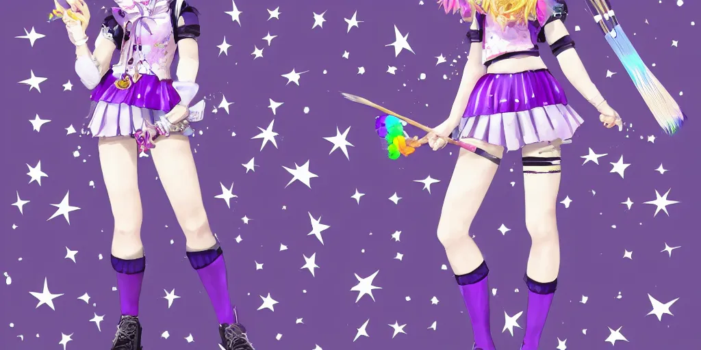 Prompt: A character sheet of a magical girl holding a paintbrush with short blond hair and freckles wearing an oversized purple Beret, Purple overall shorts, jester shoes, and white leggings covered in stars. Rainbow accents on outfit. Concept Art. By CLAMP. By WLOP. Realistic. JPOP Outfit. KPOP Outfit