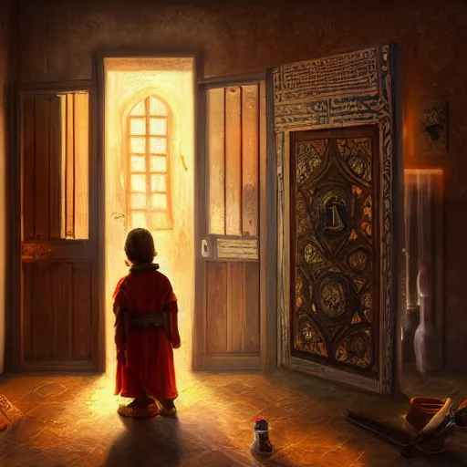 Prompt: hasan sabbah shows the light, behind the door, his student assasins, mystic room, hanging apple painting on the wall, hyper detailed, cinematic, soft lighting, epic, ultimate, sharp focus by concept art, awarded, wisdom, loyalty, 8 k hd resolution
