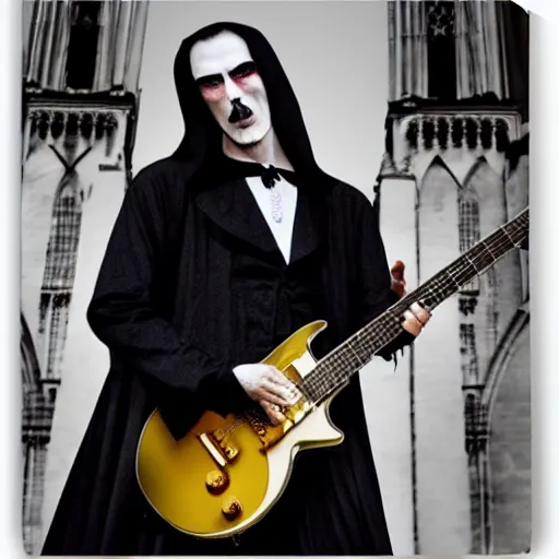 Image similar to UHD candid photo of Count Dracula playing electric guitar in front of a gothic cathedral, with accurate face, UHD, photorealistic, correct face, real Gibson guitar, photo by Annie Leibowitz