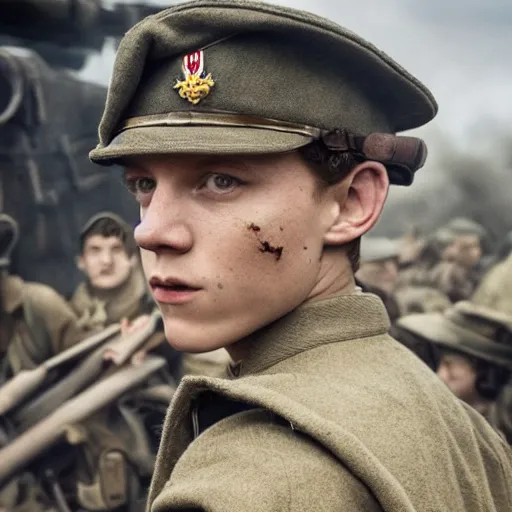 Image similar to tom holland as a british ww 2 soldier during the battle of dunkirk, highly detailed, cinematic lighting, photorealistic
