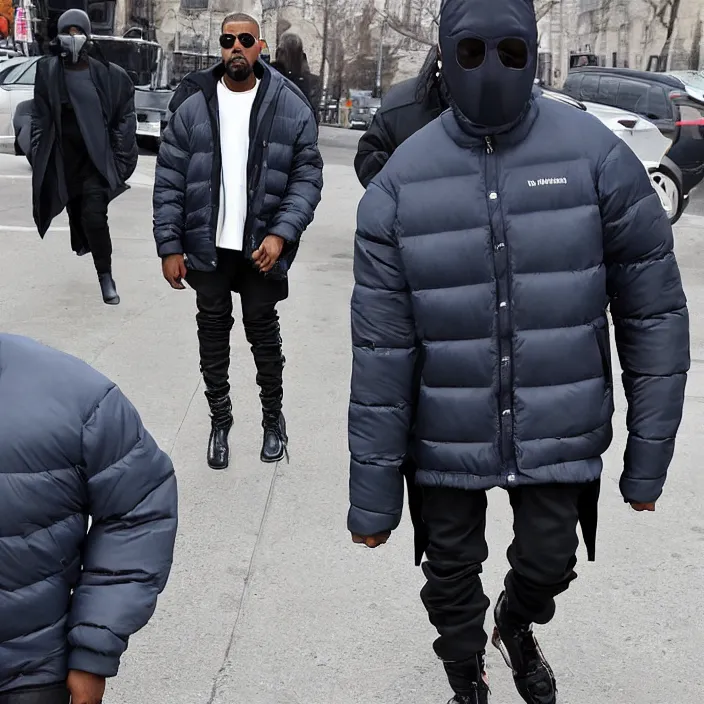 Image similar to kanye west using a full face covering black mask, a small, tight, child size reflective bright blue round puffer jacket made of nylon and big black balenciaga rubber boots,