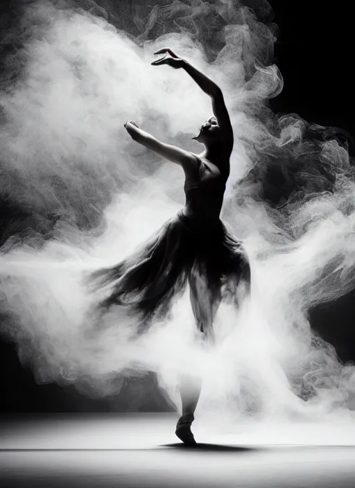 Image similar to a Photorealistic dramatic hyperrealistic render of a beautiful Female smoke dancer by Ken Brower and Deborah Ory of NYC Dance project,Lois Greenfield,Flowing cloth and smoke,Beautiful dynamic dramatic dark moody lighting,volumetric,shadows,cinematic atmosphere,Octane render,8K