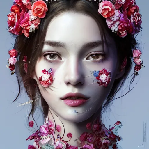 Prompt: the face of an absurdly beautiful, graceful, elegant, sophisticated young woman made of strawberries and white petals with tears, an ultrafine hyperdetailed illustration by kim jung gi, irakli nadar, intricate linework, bright colors, octopath traveler, final fantasy, unreal engine 5 highly rendered, global illumination, radiant light, detailed and intricate environment