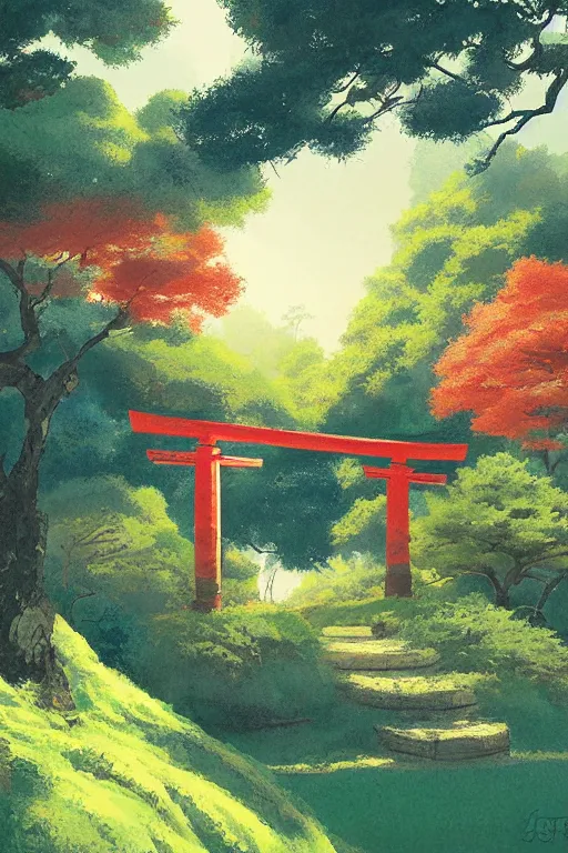 Prompt: Japanese Torii in a colorful moutain with beautiful trees ,morning , by studio ghibli painting, superior quality, masterpiece, traditional Japanese colors, by Grzegorz Rutkowski, concept art