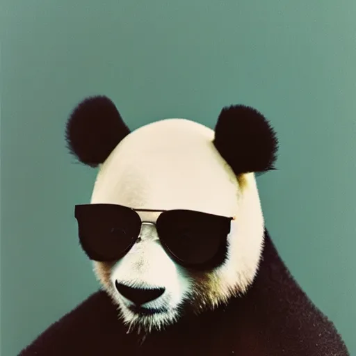 Image similar to grainy head to shoulder portrait polaroid film photograph of a panda in a mall wearing aviator shades. plain teal background with polkadots. super resolution. surreal. extremely detailed. polaroid 6 0 0 film. by annie leibovitz and richard avedon