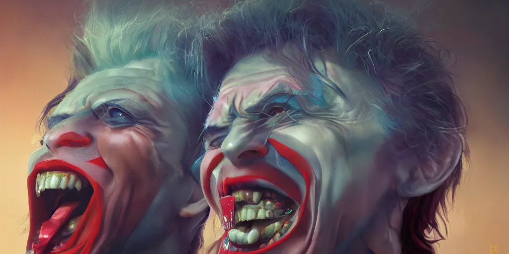 Prompt: David bowie as the joker laughing at you, Darek Zabrocki, Karlkka, Jayison Devadas, Phuoc Quan, trending on Artstation, 8K, ultra wide angle, pincushion lens effect.