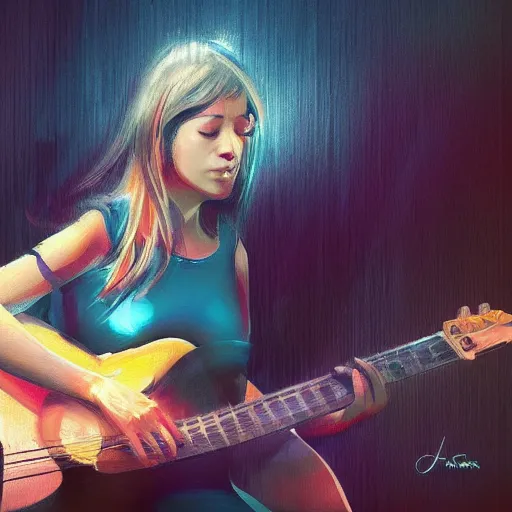 Image similar to women playing guitar, many television sets in the background, art poster, art nuevo, artstation, details, fog, futuristic