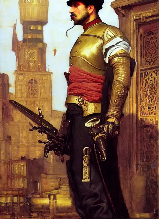 Prompt: victorian heist crew member. the captain. iranian orientalist portrait by john william waterhouse and edwin longsden long and theodore ralli and nasreddine dinet, oil on canvas. cinematic. ( bioshock infinite, sherlock holmes, concept art, the order 1 8 8 6, circus electrique ). moody london scene.