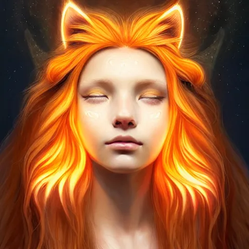 Image similar to Portrait of a girl angel with pale orange colored frizzy strands of illuminated hair, cat ears on her head, glowing halo, Lion's Mane, Lion's Gate, 8/8, fantasy, intricate, elegant, highly detailed, digital painting, artstation, concept art, smooth, sharp focus, illustration, art by Krenz Cushart and Artem Demura and alphonse mucha