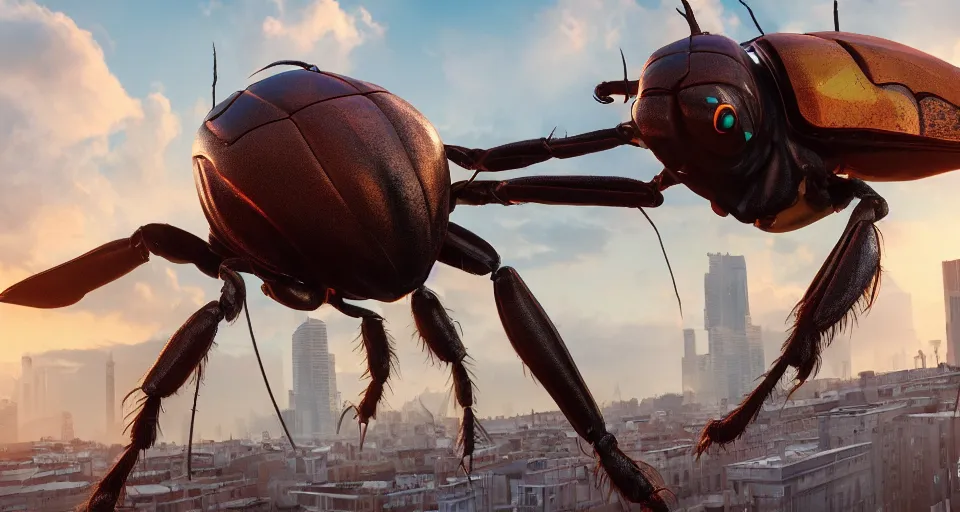 Prompt: giant beetle flies down the street, close up, hyperdetailed, artstation, cgsociety, golden hour 8k