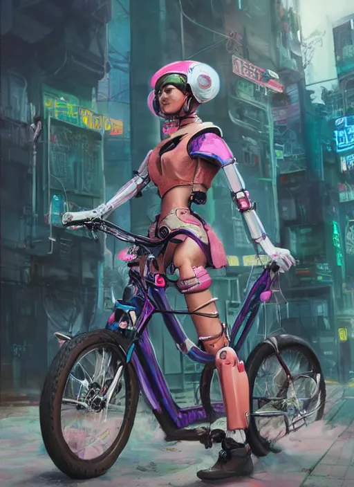 Image similar to An epic fantastic realism comic book style painting of a beautiful girl on a bicycle with robot legs, robotics, long pigtails hair, asian girl, cyberpunk, Concept world Art, unreal 5, DAZ, ultrarealistic, hyperrealistic, octane render, cosplay, RPG portrait, dynamic lighting