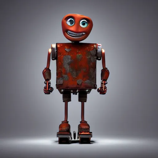 Image similar to figure of rusty bot on 3 wheels, humbly smiling, lightbulbs as eyes, 3 d realistic, pixar esthetics, light tracing, 8 k