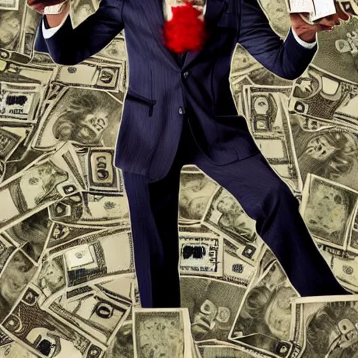 Image similar to Pennywise the clown wearing a suit and holding a stash of banknotes in his hands, full body shot