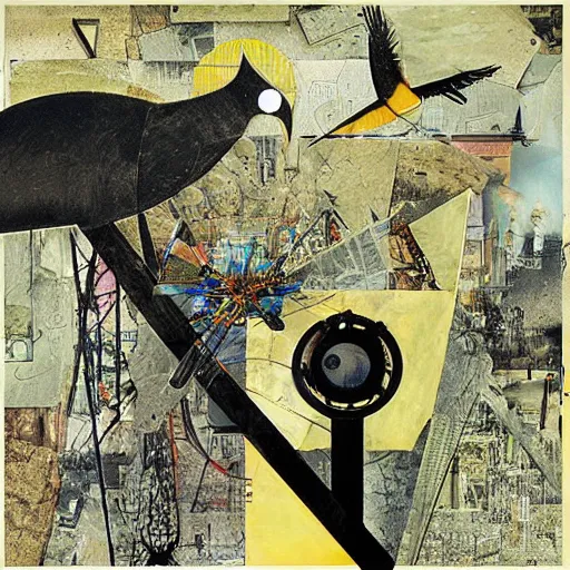 Prompt: a mechanical bird wanders between the virtual realms of urban informatics and computational social science, collage artwork by dave mckean and ivan shishkin and roberto matta