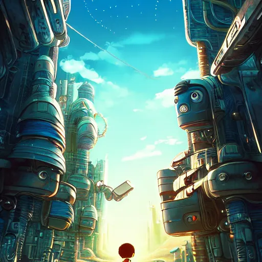 Prompt: film poster, novel cover art for a book, an adventurous boy and his robot friend, futuristic city backgrond, eleborate composition with forground and background, depth of field, fantasy illustration by tomoyuki yamasaki, kyoto studio, don bluth, madhouse, ufotable, square enix, cinematic lighting, trending on artstation