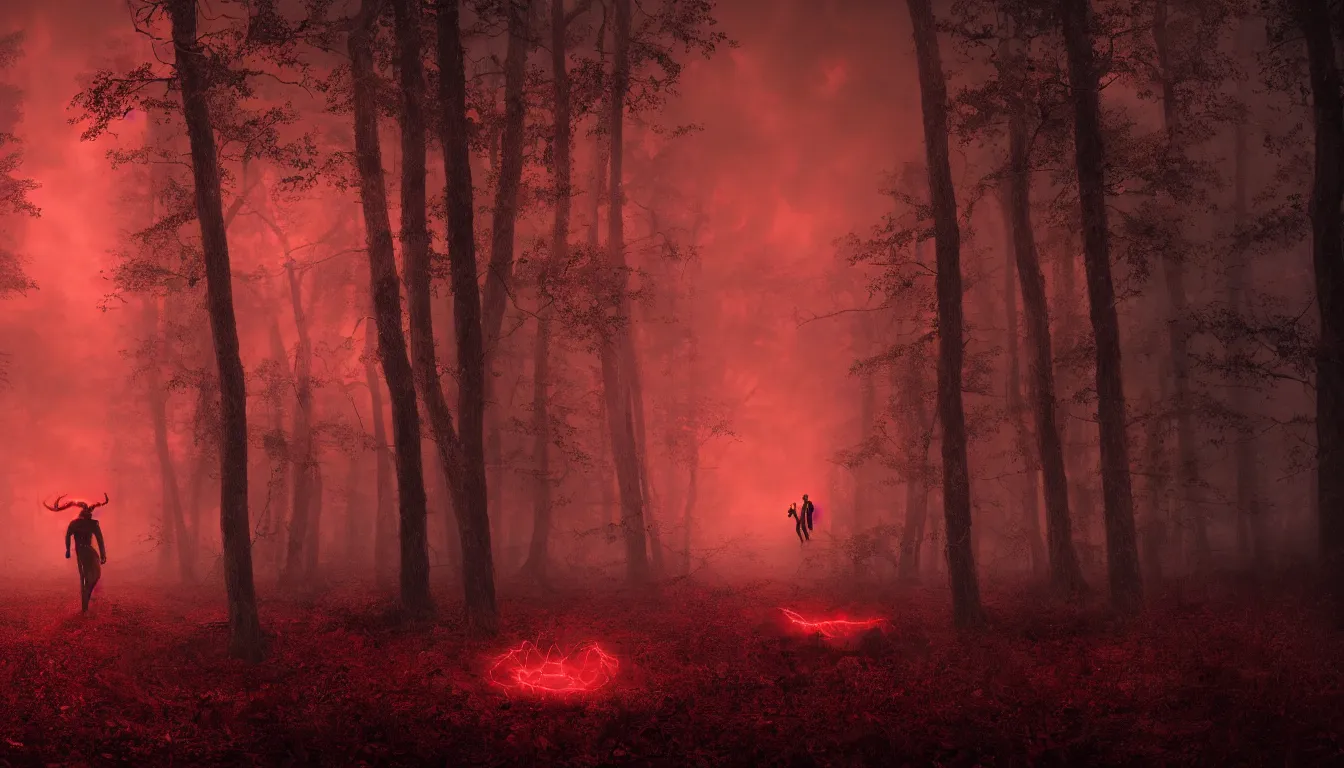 Prompt: A photograph of a unreal Monster, inspired by Stranger Things, in a forest, at night, red stormy sky, red lightning, horror, in a parallel dimension, realistic image, octane render, unreal engine 5, photograph by Joshua Hoffine, stunning photography, trending on artstation,