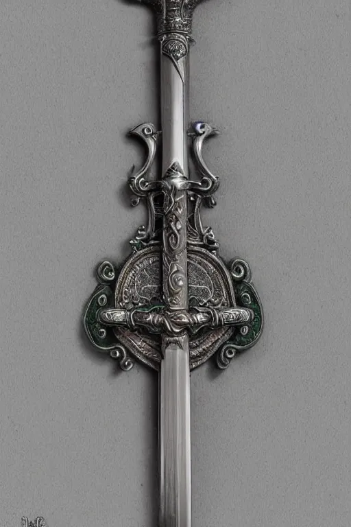 Image similar to sword of justice hanging on a wall, ornate gem in pommel, engraved blade, above a table