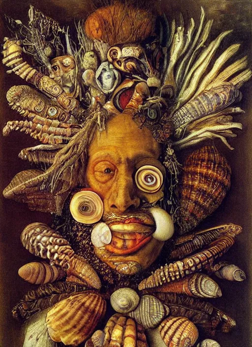 Image similar to a surreal painting of a shaman's face, by Giuseppe Arcimboldo, seashells, symbolist, soft colors, dramatic lighting, smooth, sharp focus, extremely detailed, aesthetically pleasing composition