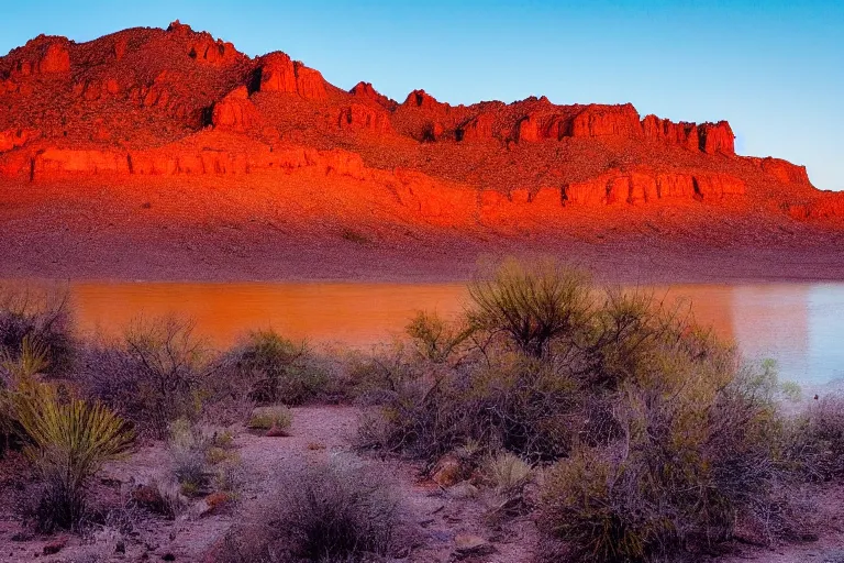 Image similar to beautiful landscape photography of an Arizona desert, lake, midnight, stars