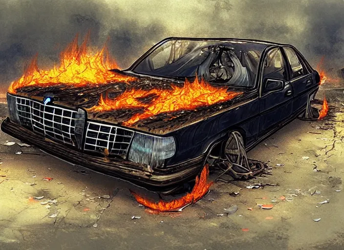 Image similar to burning wrecked mercedes 1 2 4, pixelart by kirokaze, award winning. dramatic. trending on artstation. very low quality, low resolution sync by honeybunny